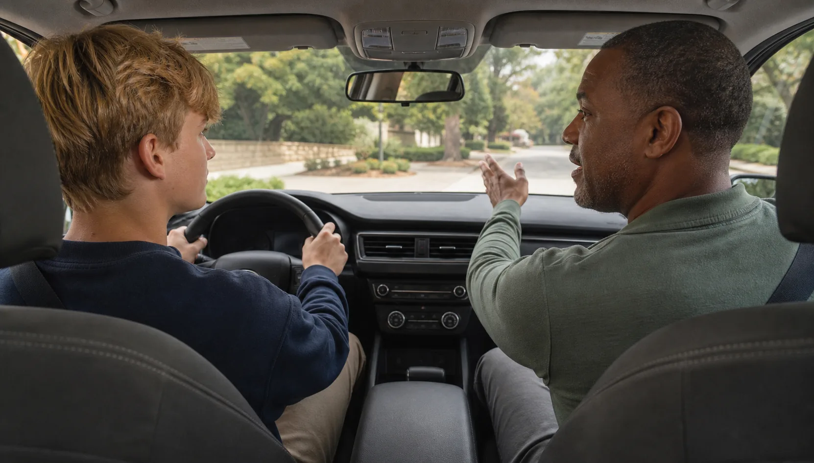 Teen driver practicing with a professional instructor in the passenger seat