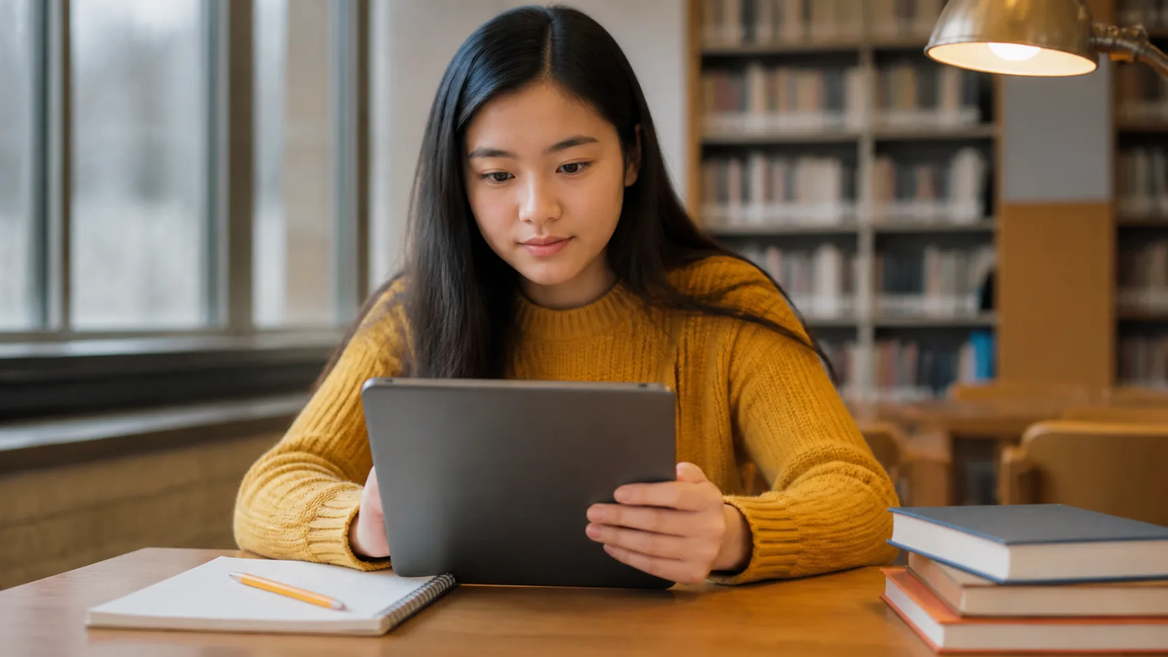Teen studying a driver education lesson on a tablet at the library