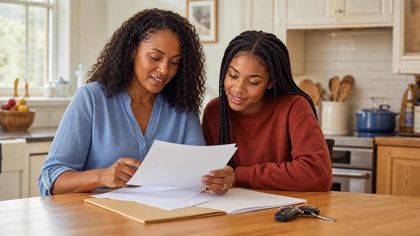 Mother and teen reviewing auto insurance information together
