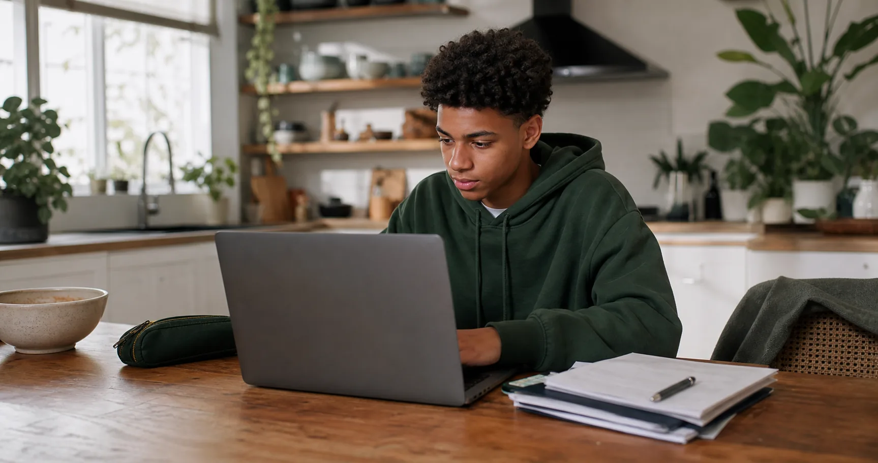Teen studying an online driver education course at the kitchen table