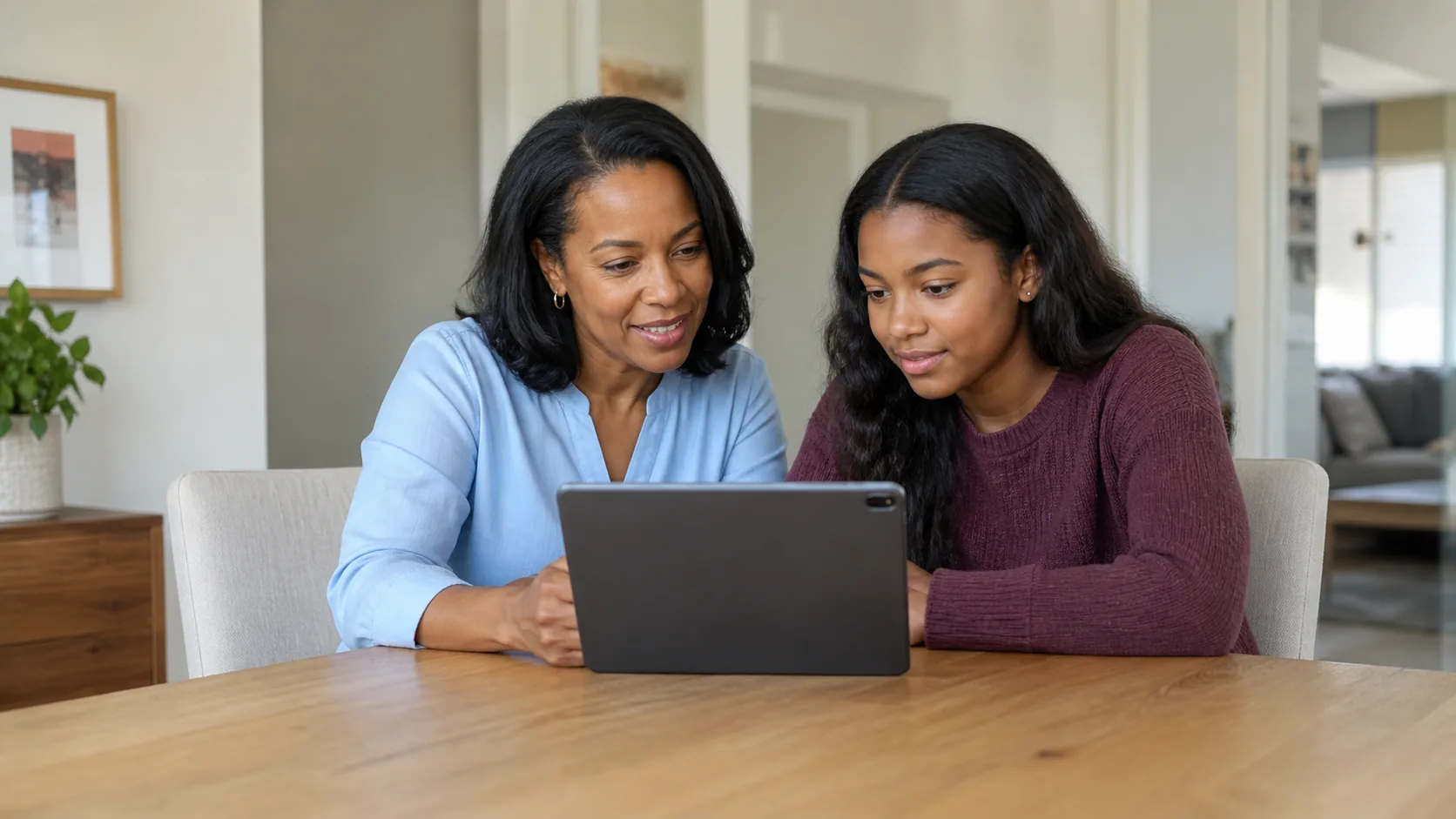 Mother and teen studying together for the California permit test on a tablet