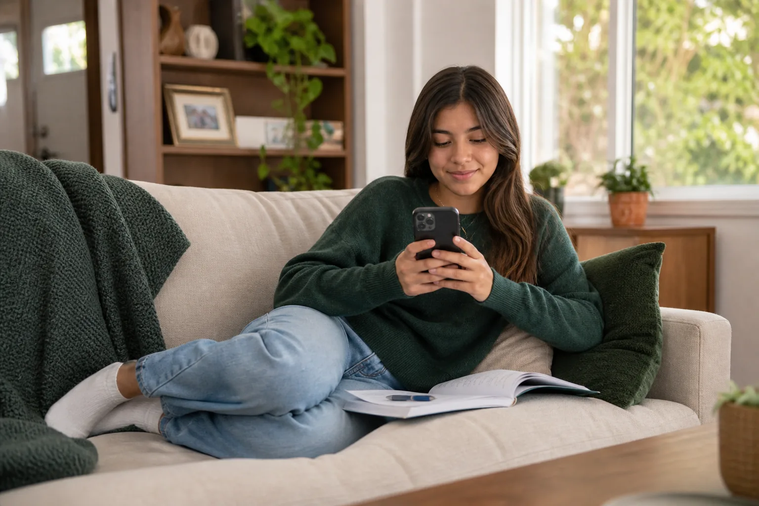 Teen studying with Passing Lane on her phone at home