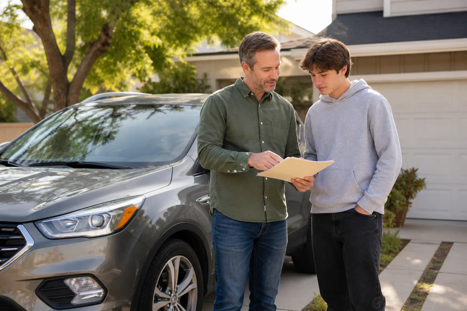 Parent and teen reviewing auto insurance information beside their family car